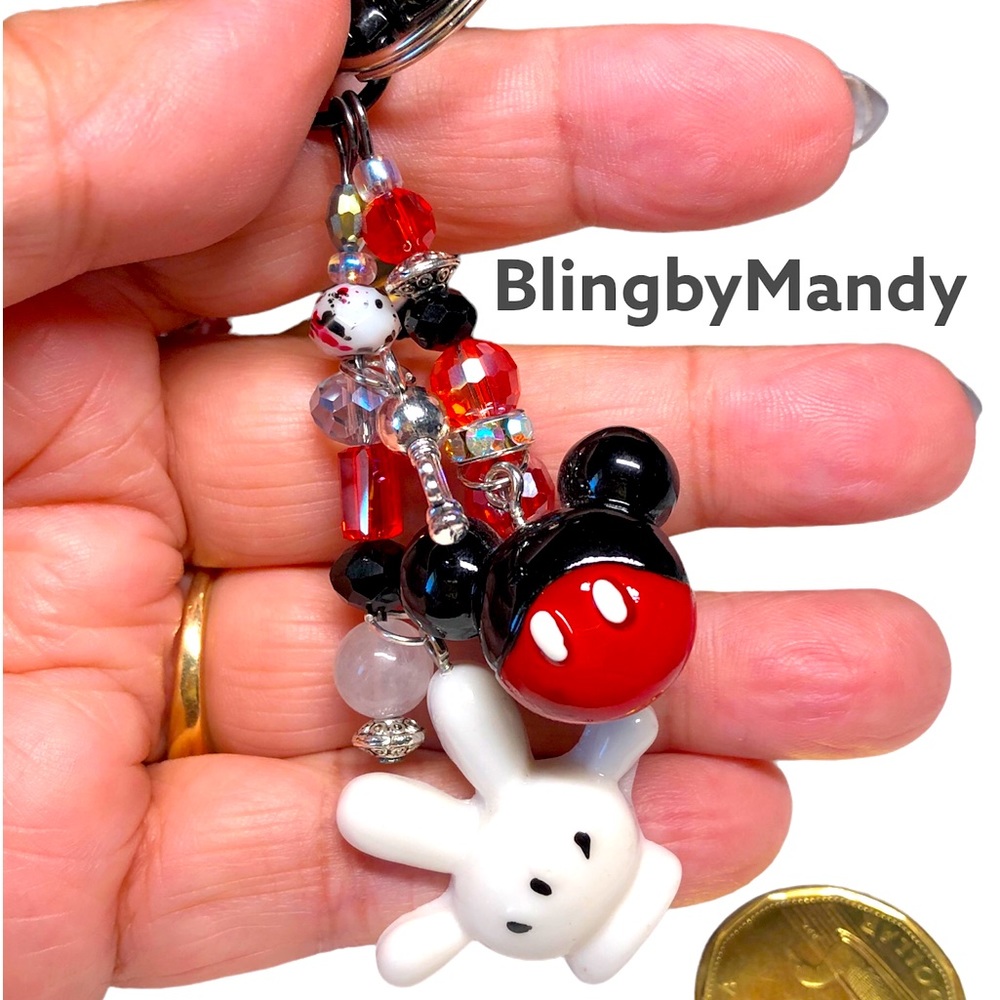 🌹❤️Mickey Mouse theme keychain/zipper pull-purse bling-black/red and silver